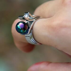 💋Gorgeous Sterling Silver Lux Black Rainbow Iridescent Tahitan Pearl & CZ ring